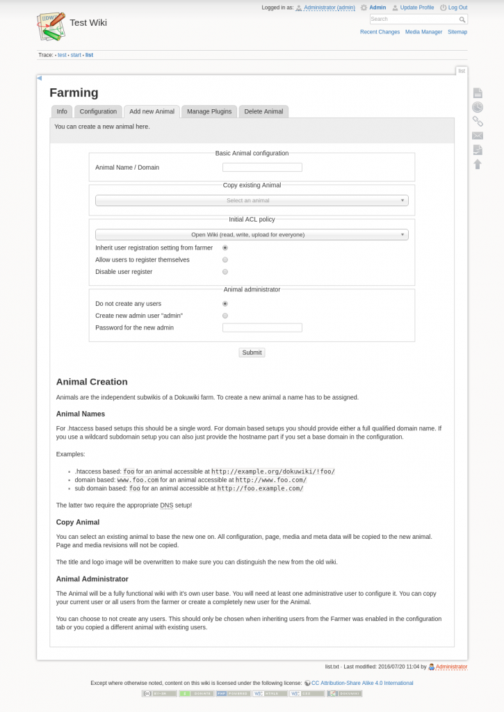 Admininistrationsbereich für die Anlage eines neuen Animals (Farming)